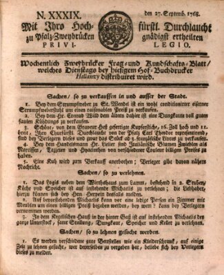 Zweybrückisches Wochenblatt (Zweibrücker Wochenblatt) Dienstag 27. September 1768