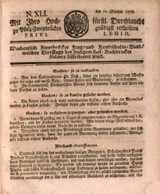 Zweybrückisches Wochenblatt (Zweibrücker Wochenblatt) Dienstag 11. Oktober 1768