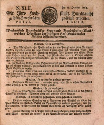 Zweybrückisches Wochenblatt (Zweibrücker Wochenblatt) Dienstag 18. Oktober 1768