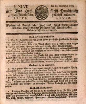 Zweybrückisches Wochenblatt (Zweibrücker Wochenblatt) Dienstag 22. November 1768