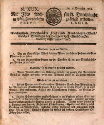 Zweybrückisches Wochenblatt (Zweibrücker Wochenblatt) Dienstag 6. Dezember 1768