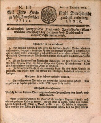 Zweybrückisches Wochenblatt (Zweibrücker Wochenblatt) Dienstag 27. Dezember 1768