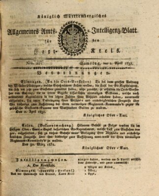 Allgemeines Amts- und Intelligenz-Blatt für den Jaxt-Kreis Samstag 2. April 1831