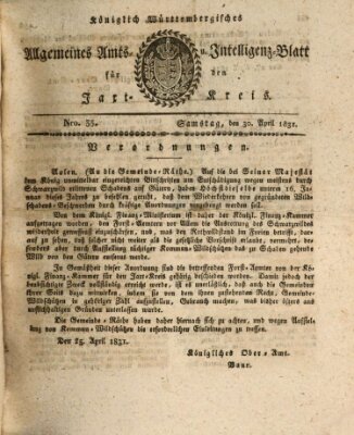 Allgemeines Amts- und Intelligenz-Blatt für den Jaxt-Kreis Samstag 30. April 1831