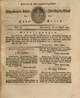 Allgemeines Amts- und Intelligenz-Blatt für den Jaxt-Kreis Mittwoch 10. August 1831