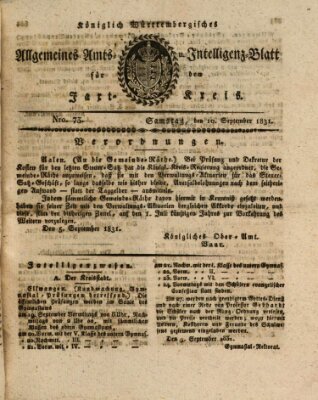 Allgemeines Amts- und Intelligenz-Blatt für den Jaxt-Kreis Samstag 10. September 1831