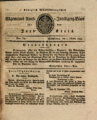 Allgemeines Amts- und Intelligenz-Blatt für den Jaxt-Kreis Samstag 1. Oktober 1831