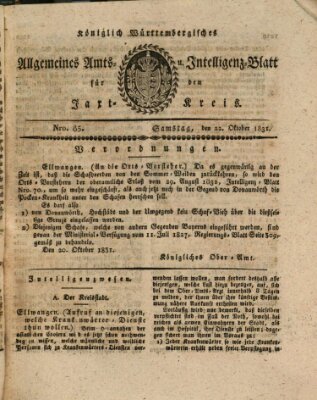 Allgemeines Amts- und Intelligenz-Blatt für den Jaxt-Kreis Samstag 22. Oktober 1831