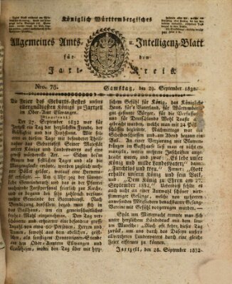 Allgemeines Amts- und Intelligenz-Blatt für den Jaxt-Kreis Samstag 29. September 1832