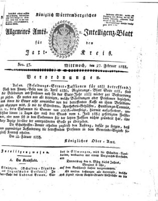 Allgemeines Amts- und Intelligenz-Blatt für den Jaxt-Kreis Mittwoch 27. Februar 1833