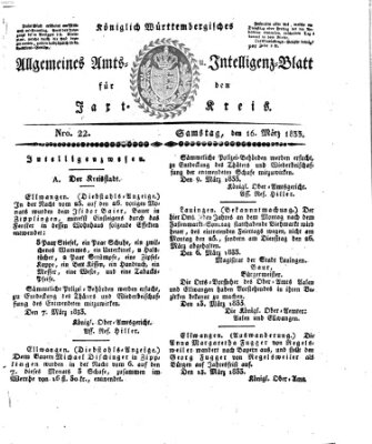 Allgemeines Amts- und Intelligenz-Blatt für den Jaxt-Kreis Samstag 16. März 1833