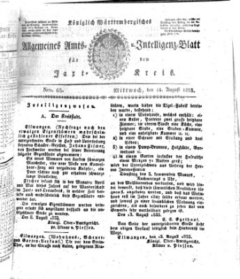 Allgemeines Amts- und Intelligenz-Blatt für den Jaxt-Kreis Mittwoch 14. August 1833