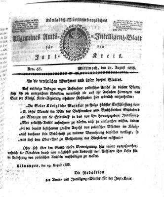 Allgemeines Amts- und Intelligenz-Blatt für den Jaxt-Kreis Mittwoch 21. August 1833