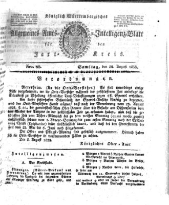 Allgemeines Amts- und Intelligenz-Blatt für den Jaxt-Kreis Samstag 24. August 1833