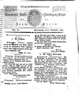 Allgemeines Amts- und Intelligenz-Blatt für den Jaxt-Kreis Mittwoch 4. September 1833