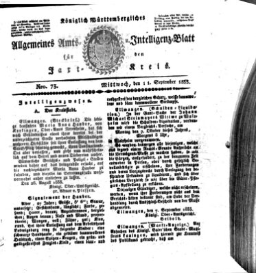 Allgemeines Amts- und Intelligenz-Blatt für den Jaxt-Kreis Mittwoch 11. September 1833