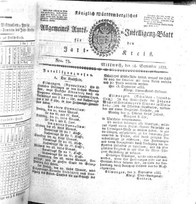 Allgemeines Amts- und Intelligenz-Blatt für den Jaxt-Kreis Mittwoch 18. September 1833