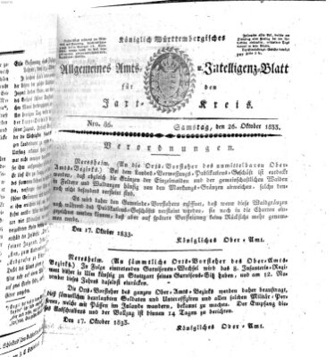 Allgemeines Amts- und Intelligenz-Blatt für den Jaxt-Kreis Samstag 26. Oktober 1833