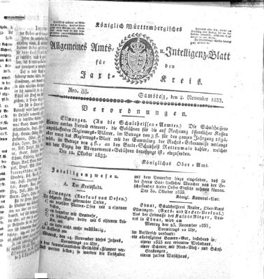 Allgemeines Amts- und Intelligenz-Blatt für den Jaxt-Kreis Samstag 2. November 1833