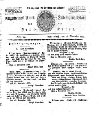 Allgemeines Amts- und Intelligenz-Blatt für den Jaxt-Kreis Samstag 16. November 1833
