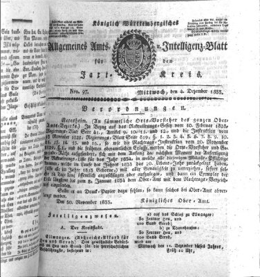 Allgemeines Amts- und Intelligenz-Blatt für den Jaxt-Kreis Mittwoch 4. Dezember 1833