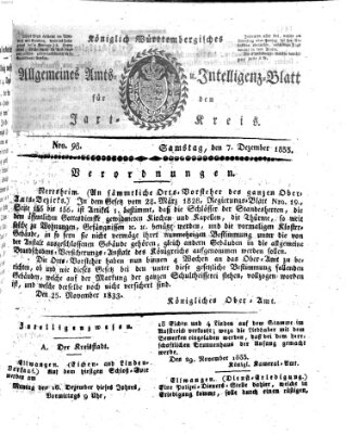 Allgemeines Amts- und Intelligenz-Blatt für den Jaxt-Kreis Samstag 7. Dezember 1833