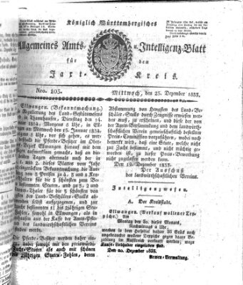 Allgemeines Amts- und Intelligenz-Blatt für den Jaxt-Kreis Mittwoch 25. Dezember 1833