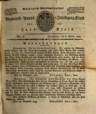 Allgemeines Amts- und Intelligenz-Blatt für den Jaxt-Kreis Samstag 4. Januar 1834