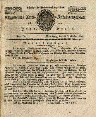 Allgemeines Amts- und Intelligenz-Blatt für den Jaxt-Kreis Samstag 13. September 1834