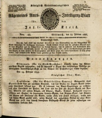 Allgemeines Amts- und Intelligenz-Blatt für den Jaxt-Kreis Mittwoch 25. Februar 1835