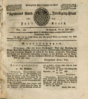 Allgemeines Amts- und Intelligenz-Blatt für den Jaxt-Kreis Mittwoch 22. Juli 1835