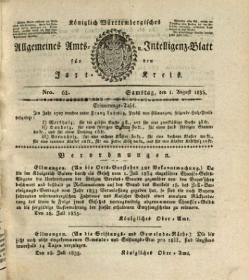 Allgemeines Amts- und Intelligenz-Blatt für den Jaxt-Kreis Samstag 1. August 1835