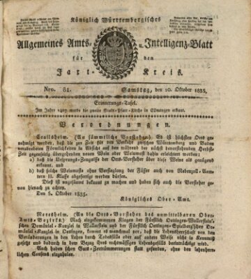 Allgemeines Amts- und Intelligenz-Blatt für den Jaxt-Kreis Samstag 10. Oktober 1835