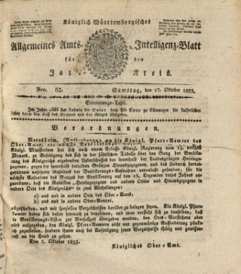 Allgemeines Amts- und Intelligenz-Blatt für den Jaxt-Kreis Samstag 17. Oktober 1835