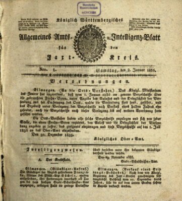 Allgemeines Amts- und Intelligenz-Blatt für den Jaxt-Kreis Samstag 2. Januar 1836