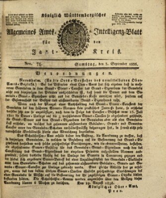 Allgemeines Amts- und Intelligenz-Blatt für den Jaxt-Kreis Samstag 3. September 1836