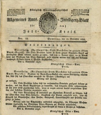 Allgemeines Amts- und Intelligenz-Blatt für den Jaxt-Kreis Samstag 12. November 1836