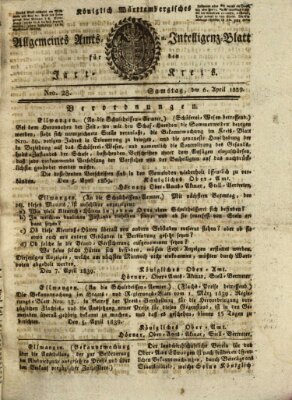 Allgemeines Amts- und Intelligenz-Blatt für den Jaxt-Kreis Samstag 6. April 1839