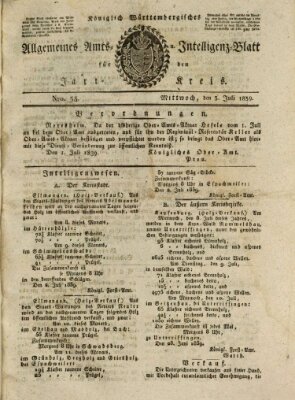 Allgemeines Amts- und Intelligenz-Blatt für den Jaxt-Kreis Mittwoch 3. Juli 1839