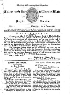 Allgemeines Amts- und Intelligenz-Blatt für den Jaxt-Kreis Samstag 4. Januar 1840