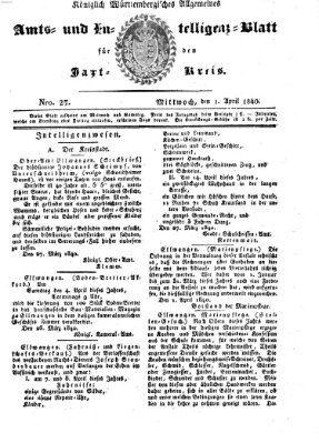 Allgemeines Amts- und Intelligenz-Blatt für den Jaxt-Kreis Mittwoch 1. April 1840