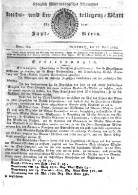 Allgemeines Amts- und Intelligenz-Blatt für den Jaxt-Kreis Mittwoch 15. April 1840