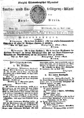 Allgemeines Amts- und Intelligenz-Blatt für den Jaxt-Kreis Mittwoch 22. April 1840