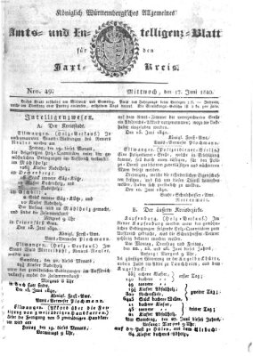 Allgemeines Amts- und Intelligenz-Blatt für den Jaxt-Kreis Mittwoch 17. Juni 1840