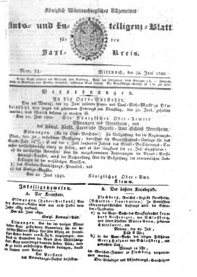 Allgemeines Amts- und Intelligenz-Blatt für den Jaxt-Kreis Mittwoch 24. Juni 1840