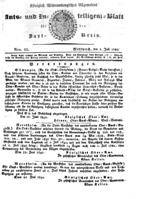 Allgemeines Amts- und Intelligenz-Blatt für den Jaxt-Kreis Mittwoch 1. Juli 1840