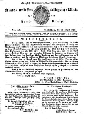 Allgemeines Amts- und Intelligenz-Blatt für den Jaxt-Kreis Samstag 22. August 1840