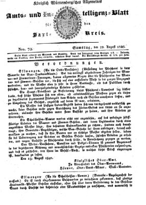 Allgemeines Amts- und Intelligenz-Blatt für den Jaxt-Kreis Samstag 29. August 1840