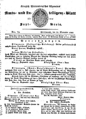 Allgemeines Amts- und Intelligenz-Blatt für den Jaxt-Kreis Mittwoch 30. September 1840