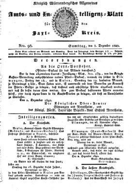 Allgemeines Amts- und Intelligenz-Blatt für den Jaxt-Kreis Samstag 5. Dezember 1840